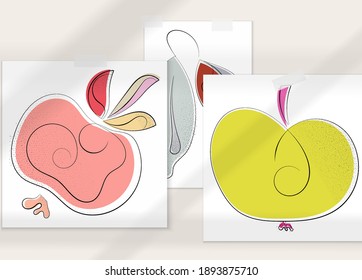 Abstract hand drawn vector artistic poster set with shadow overlay. Line art artistic illustration with texture. Retro flat colors organic natural design. Organic healthy vegan doodle.