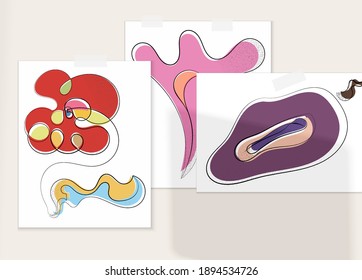 Abstract hand drawn vector artistic poster set with shadow overlay. Line art artistic illustration with texture. Retro flat colors organic natural design. Organic healthy vegan doodle.