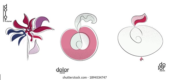 Abstract hand drawn vector artistic logo set isolated on white. Line art artistic illustration with texture. Retro flat colors organic natural Eco food design. Organic healthy vegan doodle.