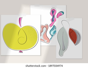 Abstract hand drawn vector artistic poster set with shadow overlay. Line art artistic illustration with texture. Retro flat colors organic natural design. Organic healthy vegan doodle.