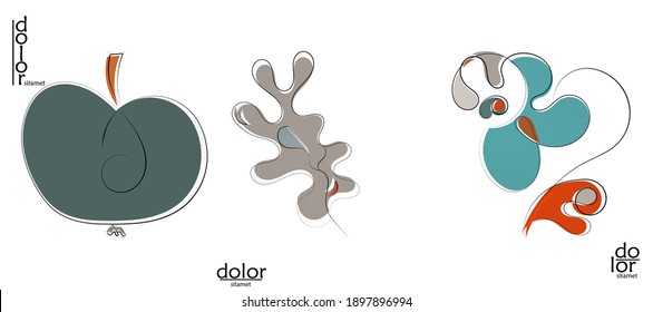 Abstract hand drawn vector artistic logo set isolated on white. Line art artistic illustration with texture. Retro flat colors organic natural Eco food design. Organic healthy vegan doodle.