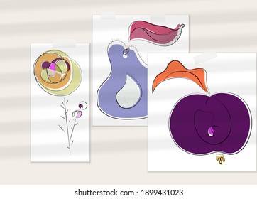 Abstract hand drawn vector artistic poster set with shadow overlay. Line art artistic illustration with texture. Retro flat colors organic natural design. Organic healthy vegan doodle.
