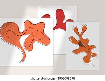 Abstract hand drawn vector artistic poster set with shadow overlay. Line art artistic illustration with texture. Retro flat colors organic natural design. Organic healthy vegan doodle.