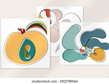 Abstract hand drawn vector artistic poster set with shadow overlay. Line art artistic illustration with texture. Retro flat colors organic natural design. Organic healthy vegan doodle.
