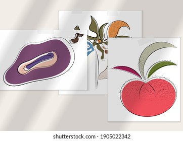 Abstract hand drawn vector artistic poster set with shadow overlay. Line art artistic illustration with texture. Retro flat colors organic natural design. Organic healthy vegan doodle.
