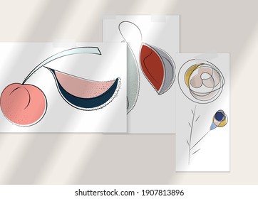 Abstract hand drawn vector artistic poster set with shadow overlay. Line art artistic illustration with texture. Retro flat colors organic natural design. Organic healthy vegan doodle.
