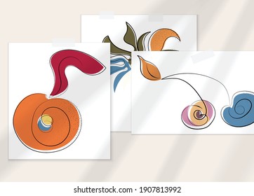 Abstract hand drawn vector artistic poster set with shadow overlay. Line art artistic illustration with texture. Retro flat colors organic natural design. Organic healthy vegan doodle.
