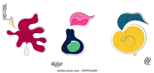 Abstract hand drawn vector artistic logo set isolated on white. Line art artistic illustration with texture. Retro flat colors organic natural Eco food design. Organic healthy vegan doodle.