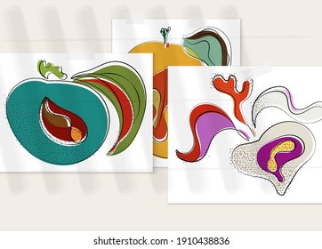 Abstract hand drawn vector artistic poster set with shadow overlay. Line art artistic illustration with texture. Retro flat colors organic natural design. Organic healthy vegan doodle.