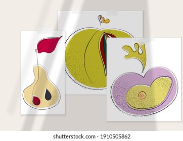 Abstract hand drawn vector artistic poster set with shadow overlay. Line art artistic illustration with texture. Retro flat colors organic natural design. Organic healthy vegan doodle.