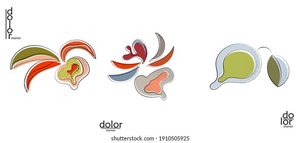 Abstract hand drawn vector artistic logo set isolated on white. Line art artistic illustration with texture. Retro flat colors organic natural Eco food design. Organic healthy vegan doodle.