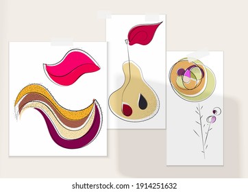 Abstract hand drawn vector artistic poster set with shadow overlay. Line art artistic illustration with texture. Retro flat colors organic natural design. Organic healthy vegan doodle.