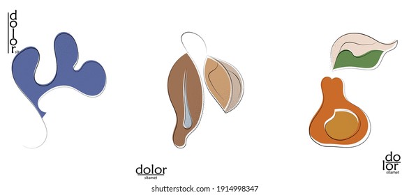 Abstract hand drawn vector artistic logo set isolated on white. Line art artistic illustration with texture. Retro flat colors organic natural Eco food design. Organic healthy vegan doodle.