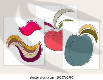 Abstract hand drawn vector artistic poster set with shadow overlay. Line art artistic illustration with texture. Retro flat colors organic natural design. Organic healthy vegan doodle.