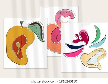 Abstract hand drawn vector artistic poster set with shadow overlay. Line art artistic illustration with texture. Retro flat colors organic natural design. Organic healthy vegan doodle.