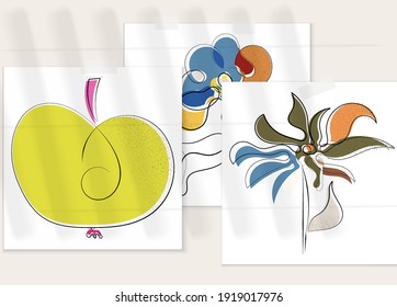 Abstract hand drawn vector artistic poster set with shadow overlay. Line art artistic illustration with texture. Retro flat colors organic natural design. Organic healthy vegan doodle.