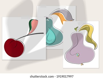 Abstract hand drawn vector artistic poster set with shadow overlay. Line art artistic illustration with texture. Retro flat colors organic natural design. Organic healthy vegan doodle.