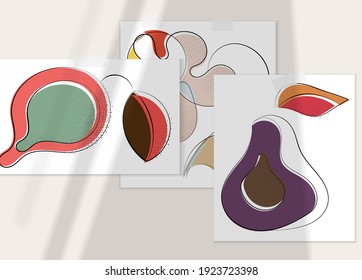 Abstract hand drawn vector artistic poster set with shadow overlay. Line art artistic illustration with texture. Retro flat colors organic natural design. Organic healthy vegan doodle.