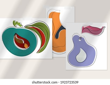 Abstract hand drawn vector artistic poster set with shadow overlay. Line art artistic illustration with texture. Retro flat colors organic natural design. Organic healthy vegan doodle.