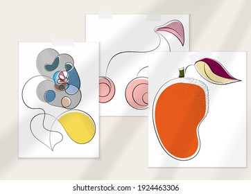 Abstract hand drawn vector artistic poster set with shadow overlay. Line art artistic illustration with texture. Retro flat colors organic natural design. Organic healthy vegan doodle.