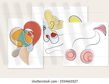 Abstract hand drawn vector artistic poster set with shadow overlay. Line art artistic illustration with texture. Retro flat colors organic natural design. Organic healthy vegan doodle.