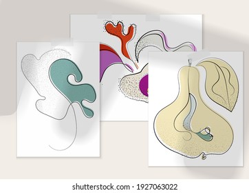 Abstract hand drawn vector artistic poster set with shadow overlay. Line art artistic illustration with texture. Retro flat colors organic natural design. Organic healthy vegan doodle.