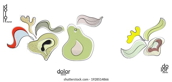 Resumen del logo artístico vectorial dibujado a mano aislado en blanco. Ilustración artística de línea con textura. Colores planos retro diseño ecológico de alimentos ecológicos naturales. Doodle vegetal orgánico sano.