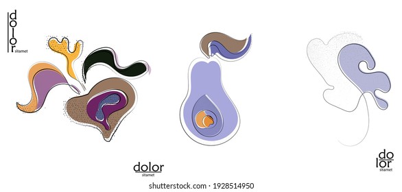 Abstract hand drawn vector artistic logo set isolated on white. Line art artistic illustration with texture. Retro flat colors organic natural Eco food design. Organic healthy vegan doodle.
