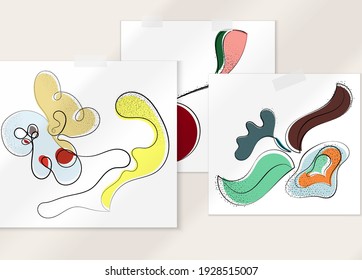 Abstract hand drawn vector artistic poster set with shadow overlay. Line art artistic illustration with texture. Retro flat colors organic natural design. Organic healthy vegan doodle.