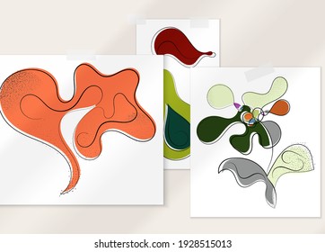 Abstract hand drawn vector artistic poster set with shadow overlay. Line art artistic illustration with texture. Retro flat colors organic natural design. Organic healthy vegan doodle.