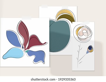 Abstract hand drawn vector artistic poster set with shadow overlay. Line art artistic illustration with texture. Retro flat colors organic natural design. Organic healthy vegan doodle.