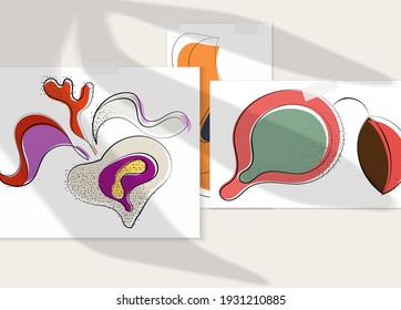Resumen de afiche artístico vector dibujado a mano con superposición de sombra. Ilustración artística de línea con textura. Colores planos retro diseño natural orgánico. Doodle vegetal orgánico sano.