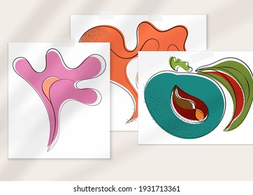 Abstract hand drawn vector artistic poster set with shadow overlay. Line art artistic illustration with texture. Retro flat colors organic natural design. Organic healthy vegan doodle.