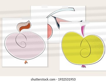 Abstract hand drawn vector artistic poster set with shadow overlay. Line art artistic illustration with texture. Retro flat colors organic natural design. Organic healthy vegan doodle.