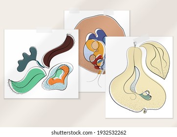 Resumen de afiche artístico vector dibujado a mano con superposición de sombra. Ilustración artística de línea con textura. Colores planos retro diseño natural orgánico. Doodle vegetal orgánico sano.