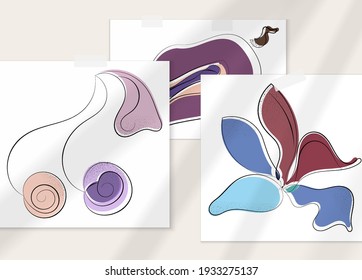 Abstract hand drawn vector artistic poster set with shadow overlay. Line art artistic illustration with texture. Retro flat colors organic natural design. Organic healthy vegan doodle.