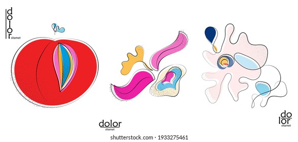 Abstract hand drawn vector artistic logo set isolated on white. Line art artistic illustration with texture. Retro flat colors organic natural Eco food design. Organic healthy vegan doodle.