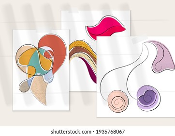 Abstract hand drawn vector artistic poster set with shadow overlay. Line art artistic illustration with texture. Retro flat colors organic natural design. Organic healthy vegan doodle.