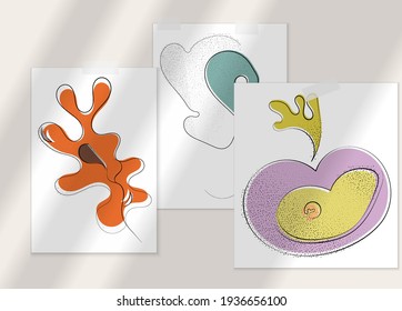Abstract hand drawn vector artistic poster set with shadow overlay. Line art artistic illustration with texture. Retro flat colors organic natural design. Organic healthy vegan doodle.