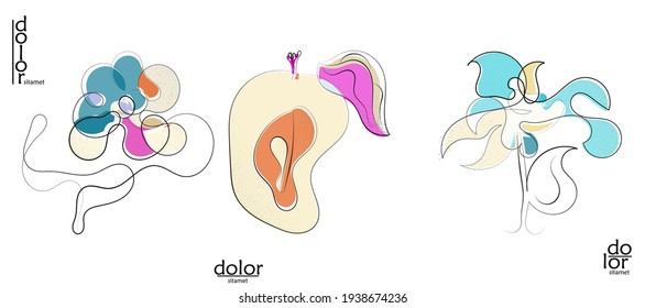 Abstract hand drawn vector artistic logo set isolated on white. Line art artistic illustration with texture. Retro flat colors organic natural Eco food design. Organic healthy vegan doodle.