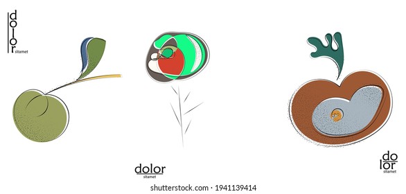 Abstract hand drawn vector artistic logo set isolated on white. Line art artistic illustration with texture. Retro flat colors organic natural Eco food design. Organic healthy vegan doodle.