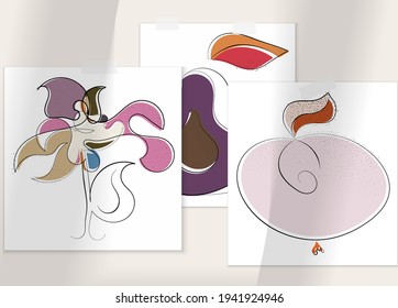 Resumen de afiche artístico vector dibujado a mano con superposición de sombra. Ilustración artística de línea con textura. Colores planos retro diseño natural orgánico. Doodle vegetal orgánico sano.