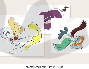 Abstract hand drawn vector artistic poster set with shadow overlay. Line art artistic illustration with texture. Retro flat colors organic natural design. Organic healthy vegan doodle.