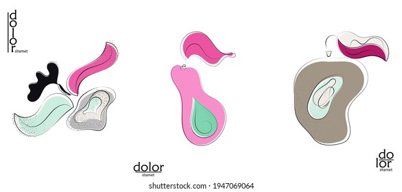Abstract hand drawn vector artistic logo set isolated on white. Line art artistic illustration with texture. Retro flat colors organic natural Eco food design. Organic healthy vegan doodle.