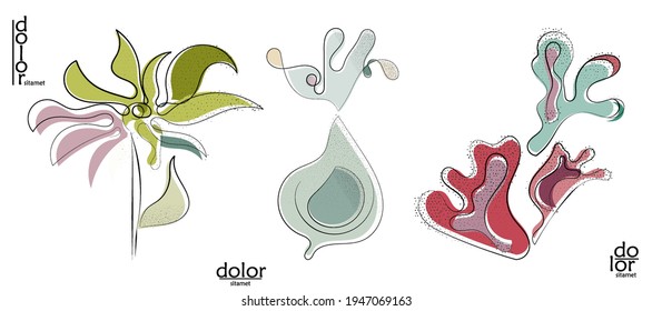 Abstract hand drawn vector artistic logo set isolated on white. Line art artistic illustration with texture. Retro flat colors organic natural Eco food design. Organic healthy vegan doodle.