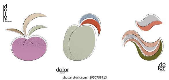 Abstract hand drawn vector artistic logo set isolated on white. Line art artistic illustration with texture. Retro flat colors organic natural Eco food design. Organic healthy vegan doodle.