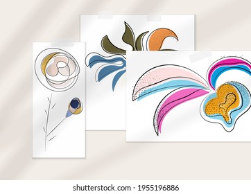 Abstract hand drawn vector artistic poster set with shadow overlay. Line art artistic illustration with texture. Retro flat colors organic natural design. Organic healthy vegan doodle.