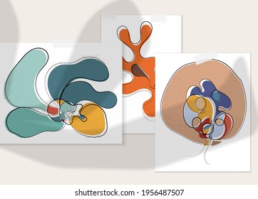 Abstrakter handgezeichneter Vektorgrafik-Plakat mit Schattenüberlagerung. Kunstausstellung in Linie mit Textur. Retro flache Farben organische natürliche Design. Organische gesunde veganische Doodle.