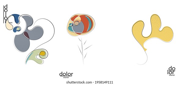 Abstract hand drawn vector artistic logo set isolated on white. Line art artistic illustration with texture. Retro flat colors organic natural Eco food design. Organic healthy vegan doodle.