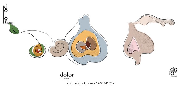 Abstract hand drawn vector artistic logo set isolated on white. Line art artistic illustration with texture. Retro flat colors organic natural Eco food design. Organic healthy vegan doodle.